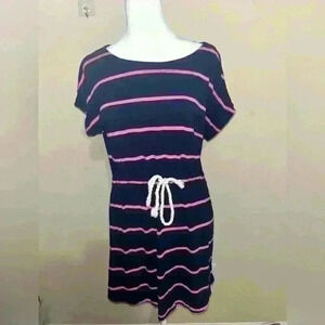 J.Crew Dress Short Sleeve Scoop Neck  Blue & Pink Stripe Drawstring Belt Size XS